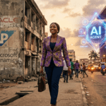 Africa leapfrog AI agents - businesswoman walking from legacy software to modern AI agents