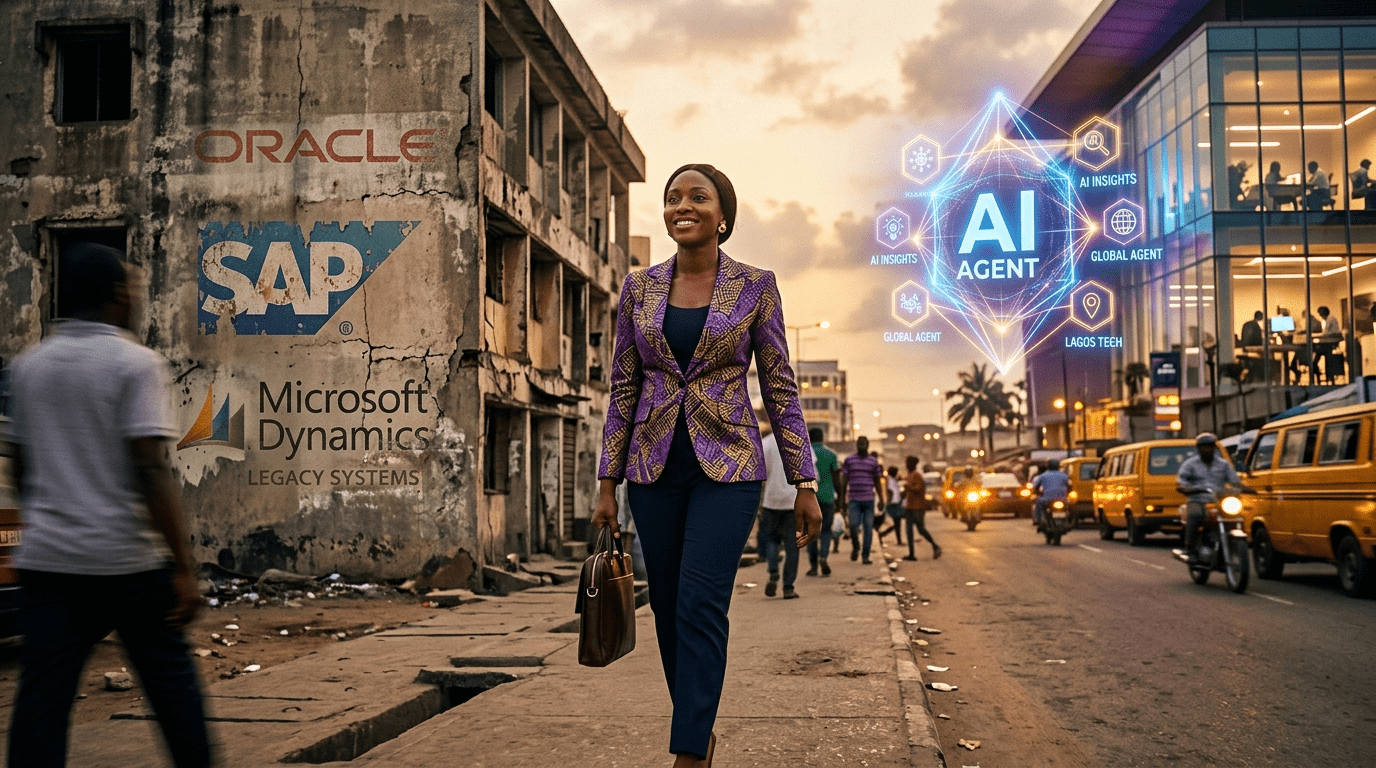 Africa leapfrog AI agents - businesswoman walking from legacy software to modern AI agents