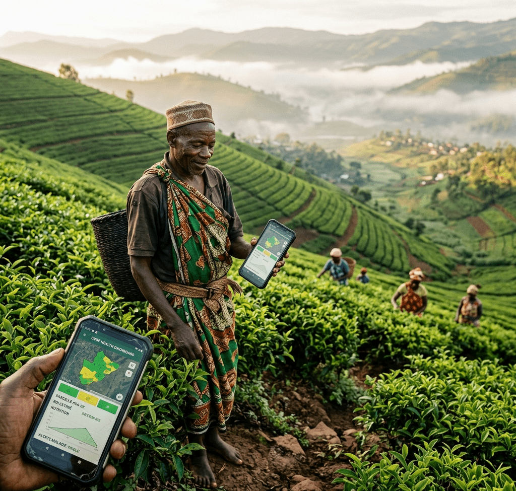 AI farming in Burundi - farmer using smartphone for crop disease detection on hillside farm