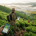 AI farming in Burundi - farmer using smartphone for crop disease detection on hillside farm