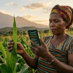 AI revolutionizing farming Africa - Tanzanian woman farmer with smartphone AI crop diagnosis