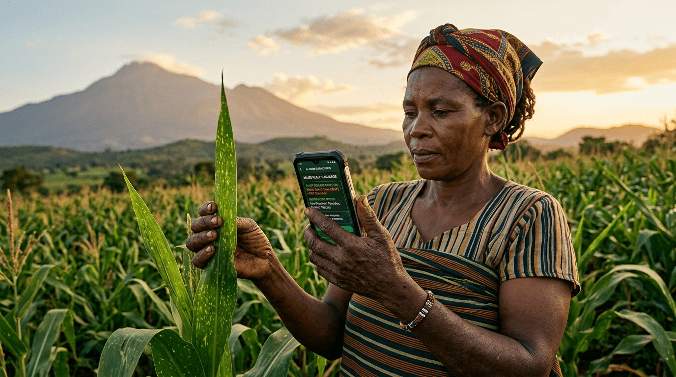 AI revolutionizing farming Africa - Tanzanian woman farmer with smartphone AI crop diagnosis