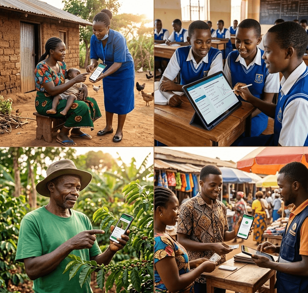 AI social impact Africa - mother, student, farmer, youth benefiting from AI programs