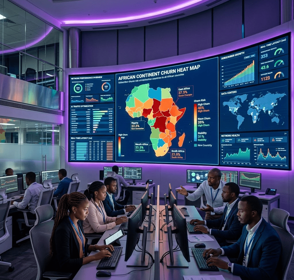 AI telecom Africa churn prediction - network operations center with AI analytics dashboards