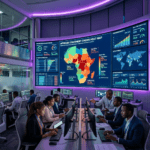 AI telecom Africa churn prediction - network operations center with AI analytics dashboards