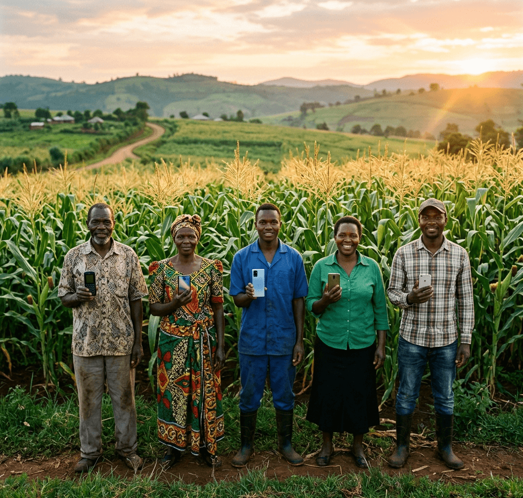 AI tools for small farmers in East Africa - farmers with smartphones in maize field at sunrise