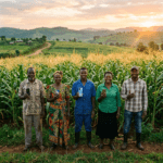 AI tools for small farmers in East Africa - farmers with smartphones in maize field at sunrise