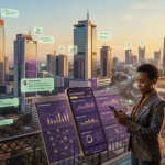 AI transforming African businesses - multiple city skylines with data streams across Africa