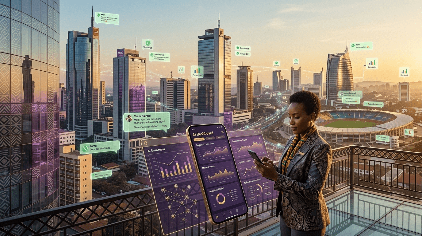 AI transforming African businesses - multiple city skylines with data streams across Africa