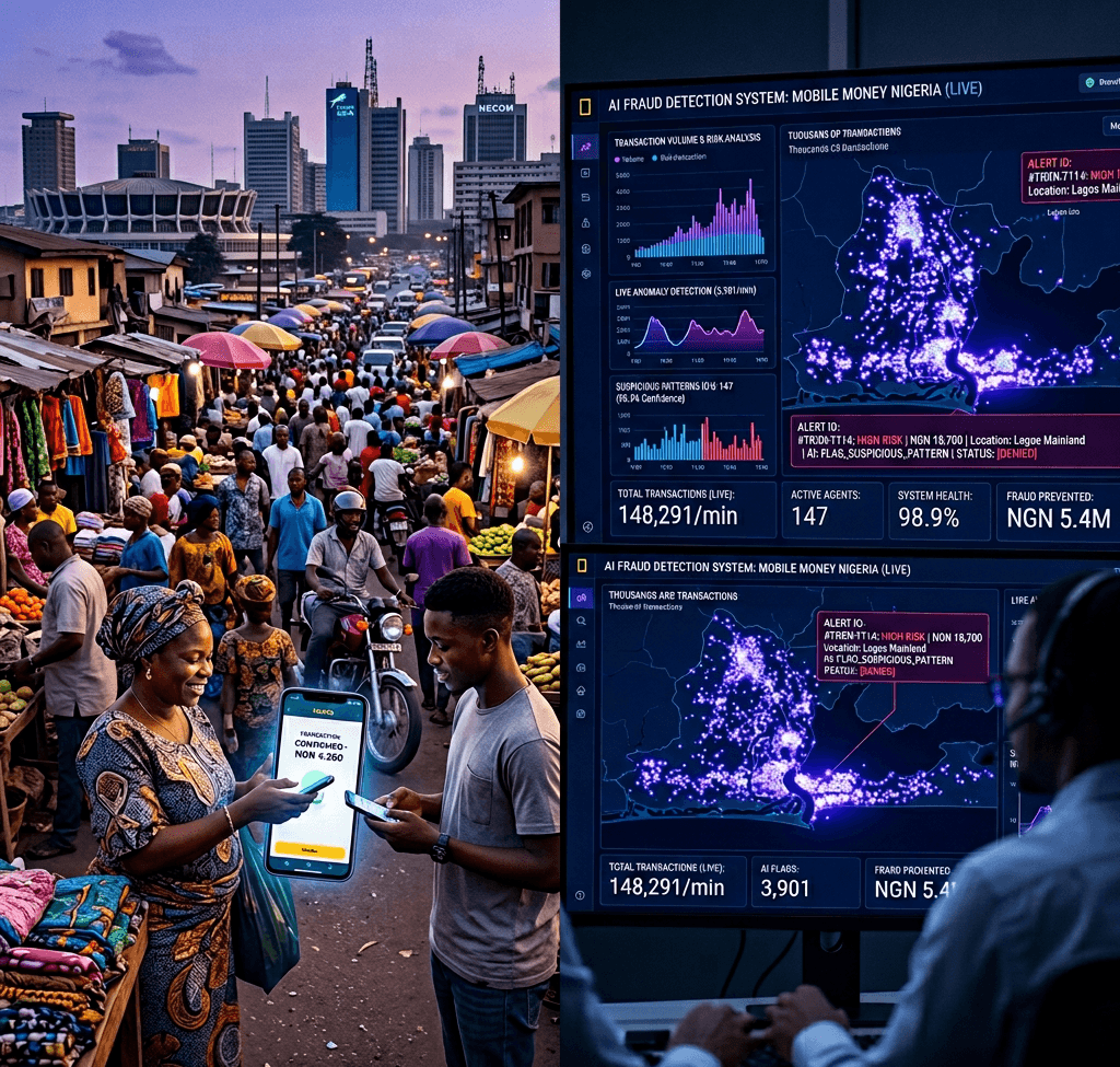 AI transforming fintech Africa - mobile money market and AI fraud detection dashboard