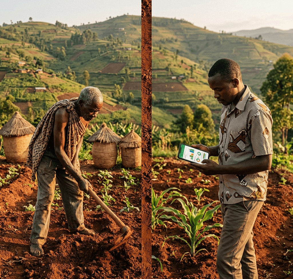 AI vs traditional farming in Africa - split image of elderly farmer with hoe and young farmer with smartphone on Burundi hillside