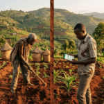 AI vs traditional farming in Africa - split image of elderly farmer with hoe and young farmer with smartphone on Burundi hillside