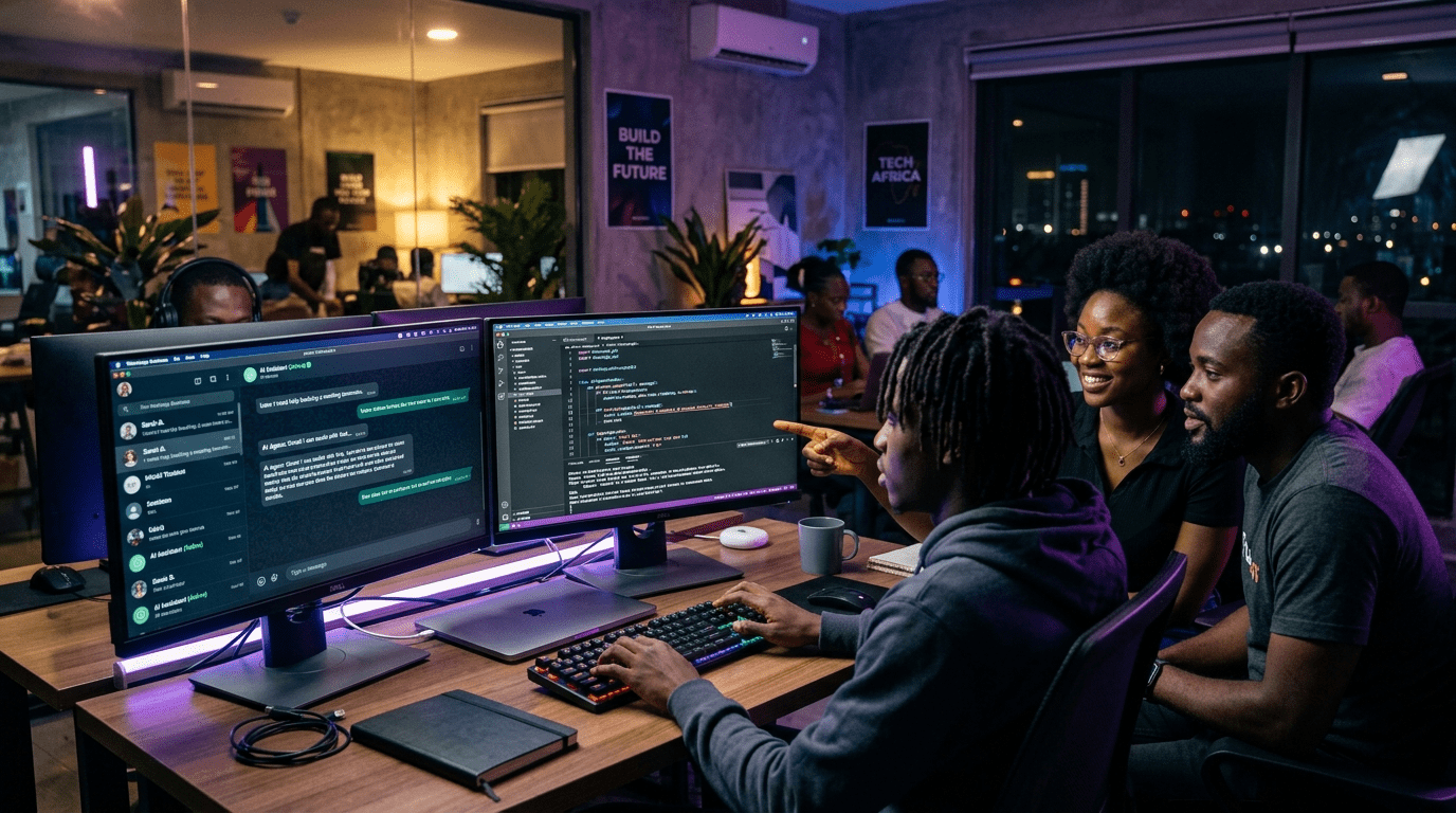 Build WhatsApp AI agent step by step - African developer creating chatbot on dual monitors