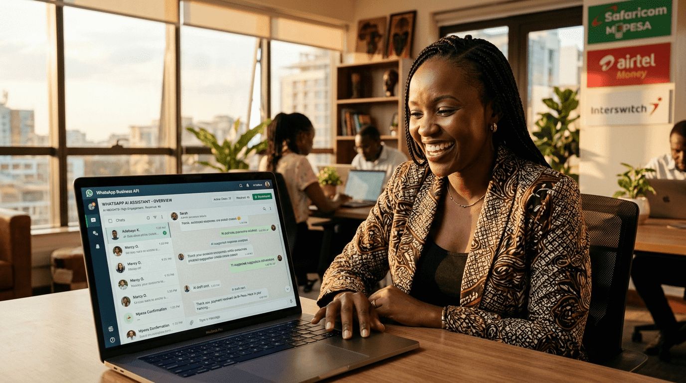 WhatsApp AI assistant African business - confident business owner reviewing AI dashboard