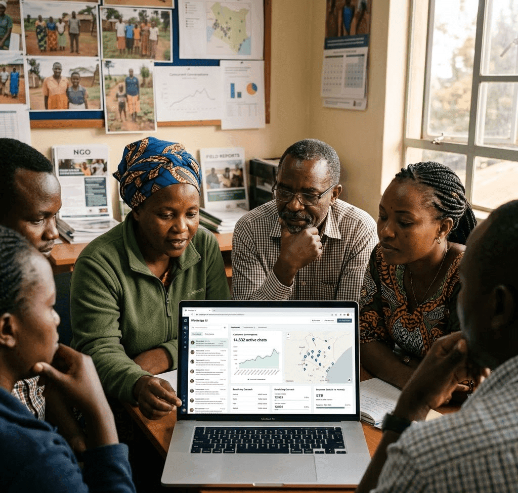 NGOs AI scale impact Africa - diverse social workers using WhatsApp AI beneficiary dashboard
