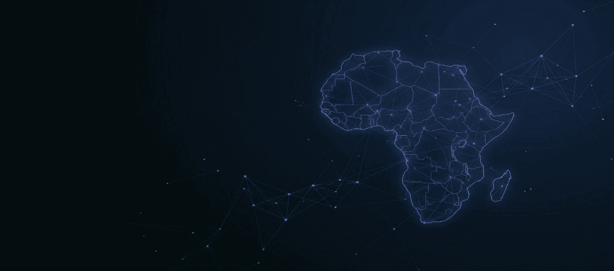 Abstract AI neural network connections spreading across Africa map on dark navy background - Top AI Africa automation platform