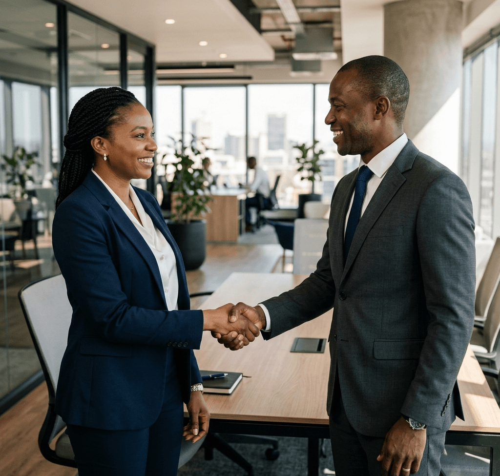Two African business professionals shaking hands in modern office - Top AI Africa trusted partnerships
