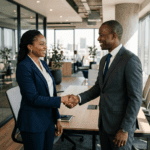 Two African business professionals shaking hands in modern office - Top AI Africa trusted partnerships