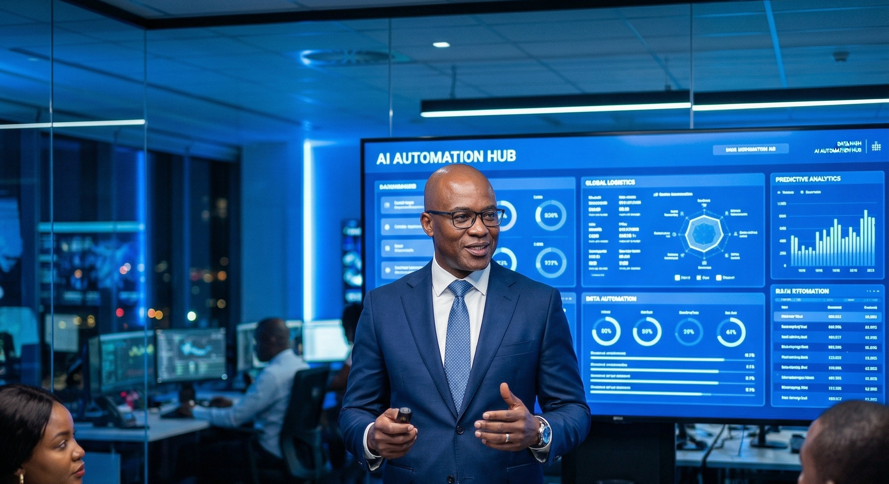 Diomede Sabushimike CEO of Top AI Africa leading team in AI automation command center with dashboards