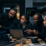 African AI engineers and tech experts collaborating in modern office with laptops and sticky notes - Top AI Africa expert team