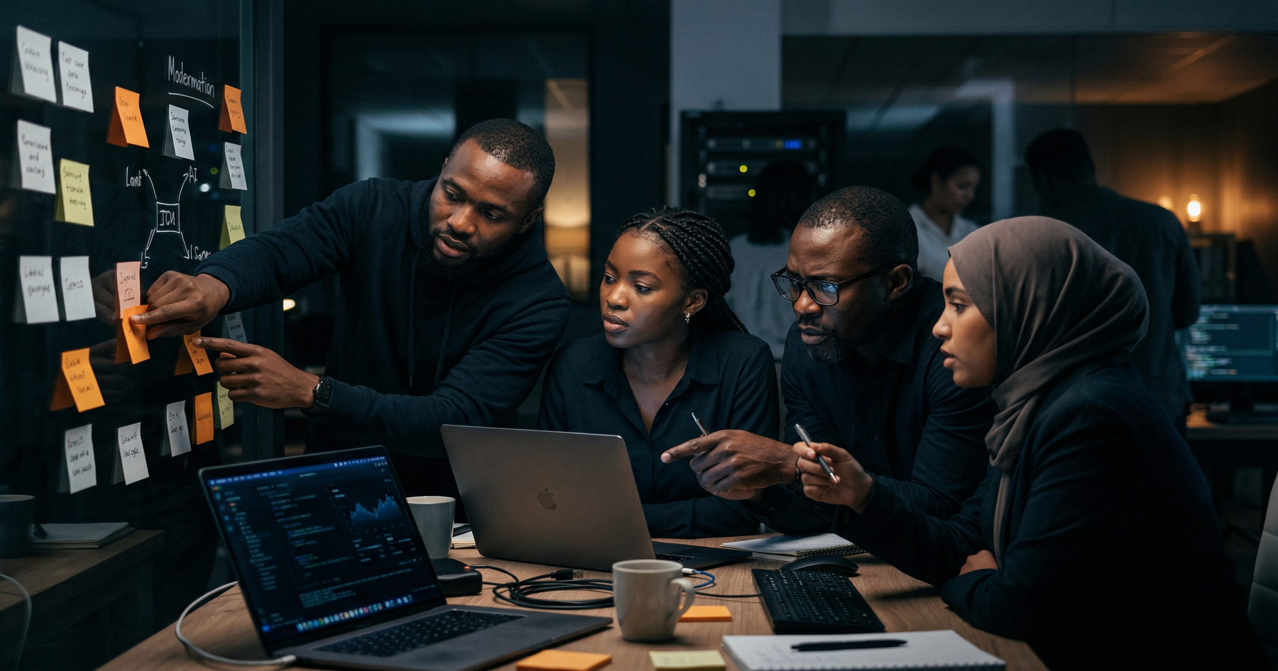 African AI engineers and tech experts collaborating in modern office with laptops and sticky notes - Top AI Africa expert team