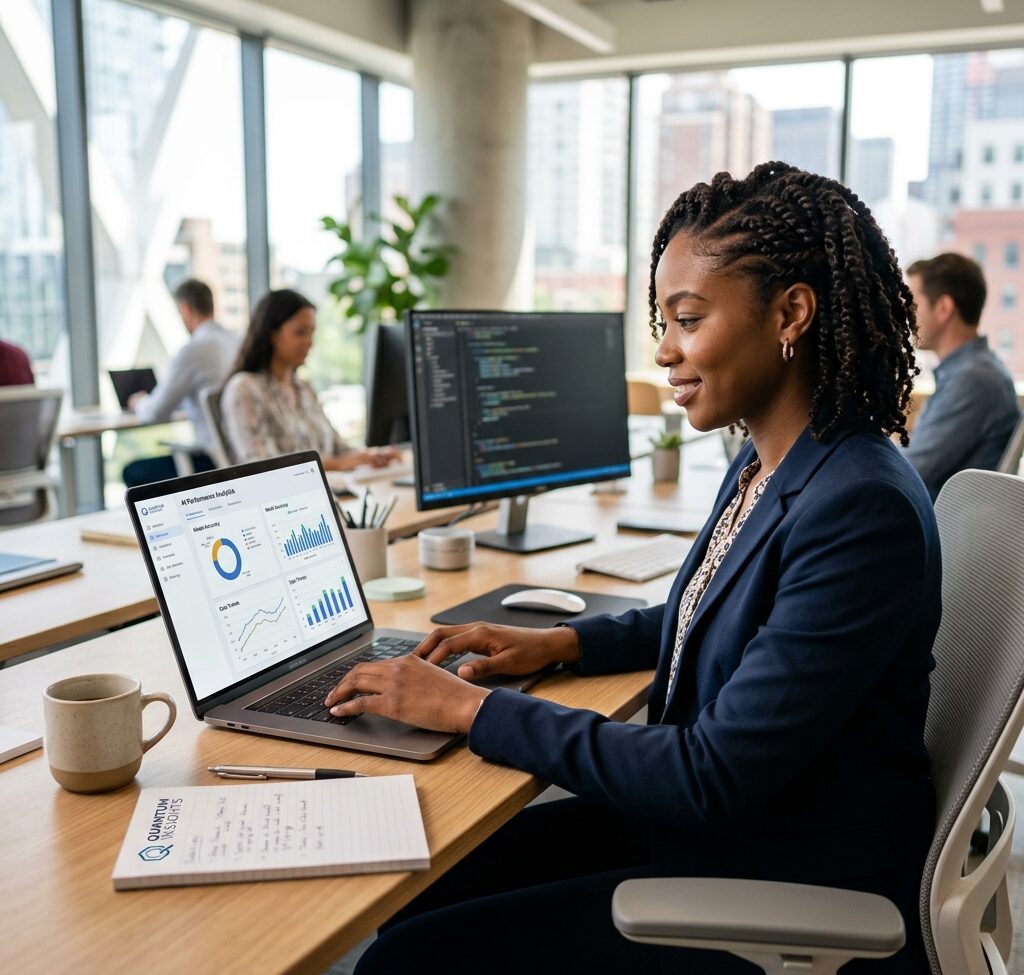 African business professional reviewing AI analytics dashboards on laptop in modern office - Top AI Africa automation platform