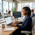 African business professional reviewing AI analytics dashboards on laptop in modern office - Top AI Africa automation platform