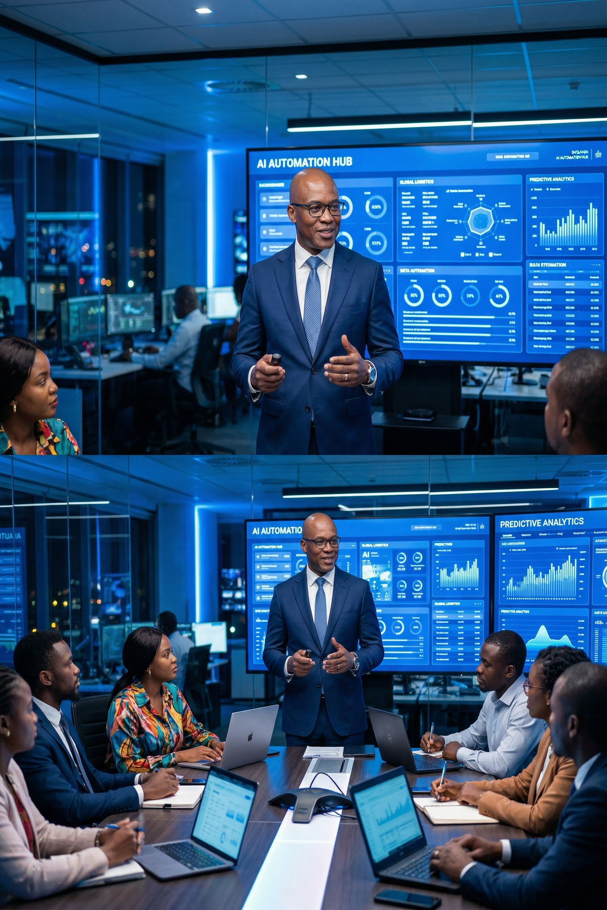 Diomede Sabushimike CEO of Top AI Africa leading team in high-tech AI command center with real-time automation dashboards and analytics