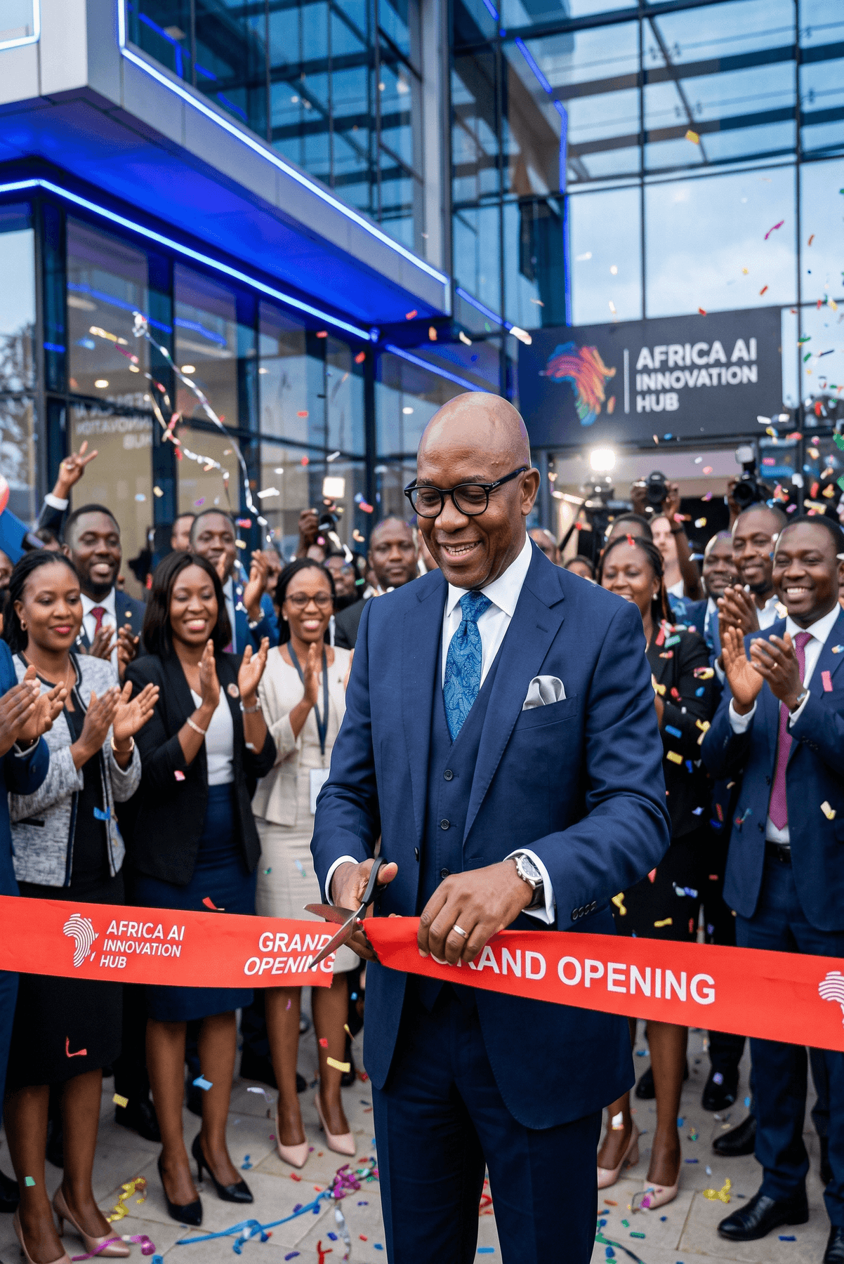 Business grand opening ribbon cutting ceremony with crowd celebrating and applauding