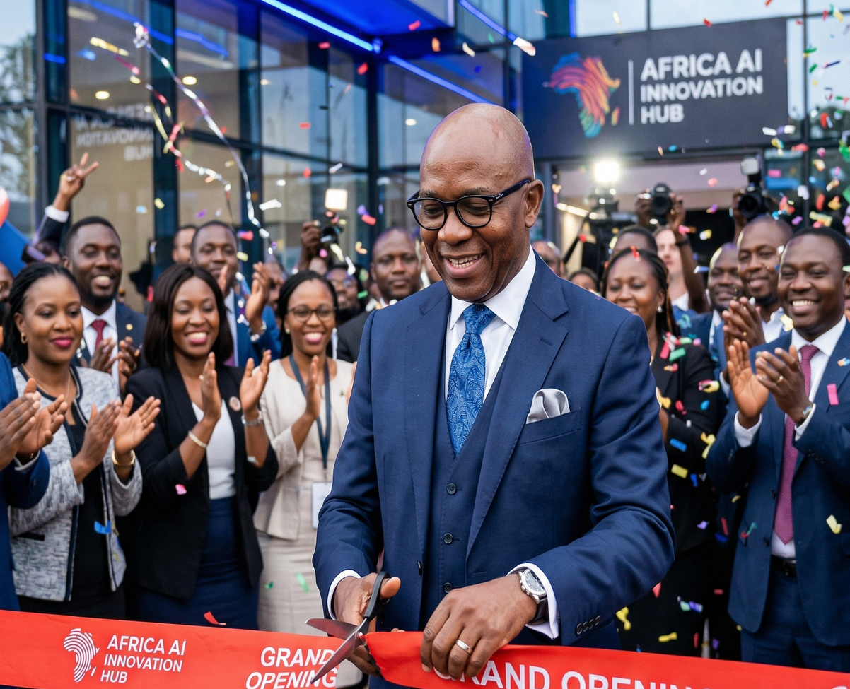 Diomede Sabushimike CEO of Top AI Africa cutting ribbon at grand opening of Africa AI Innovation Hub with officials and tech professionals