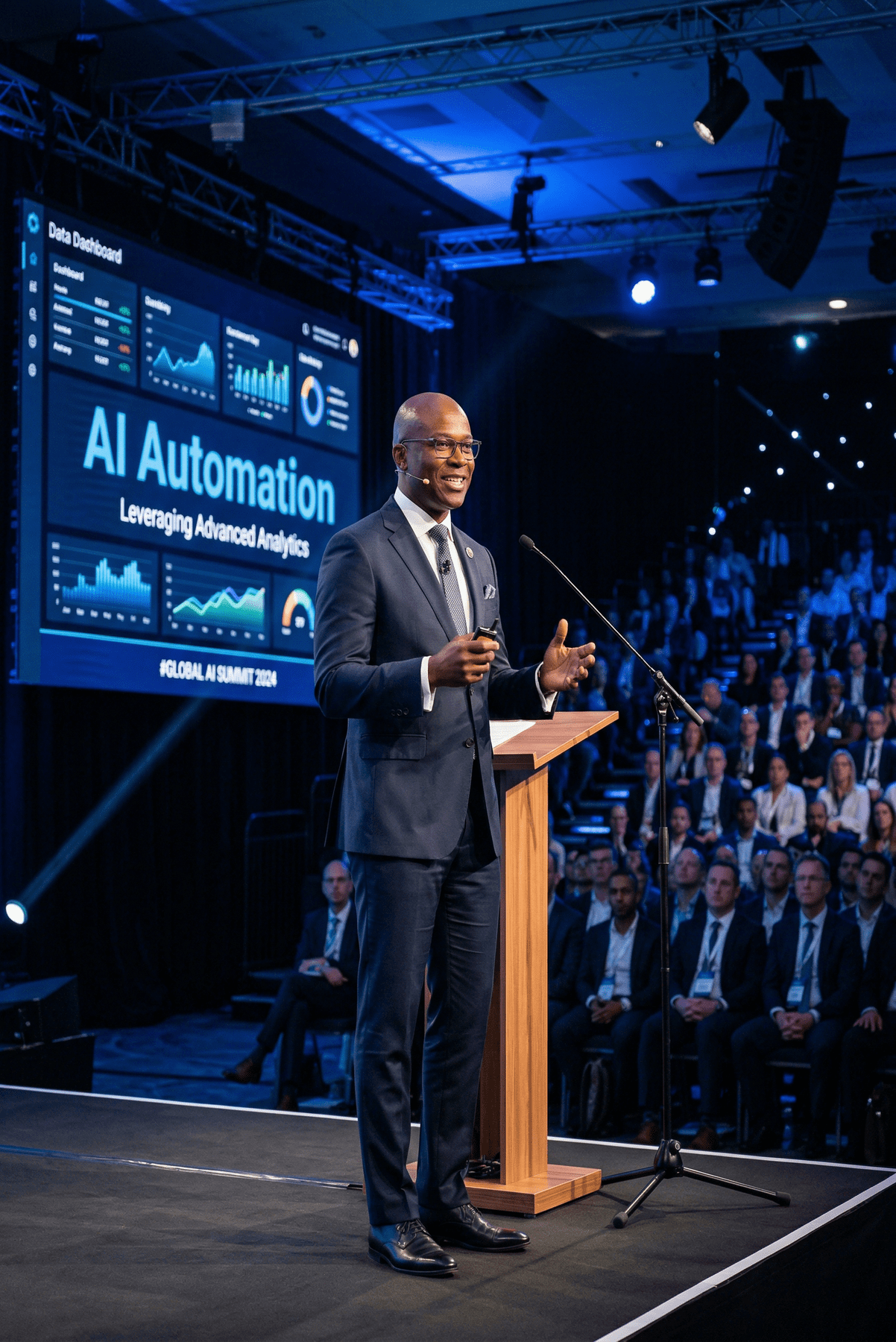 Speaker presenting AI automation strategy at business conference with large audience
