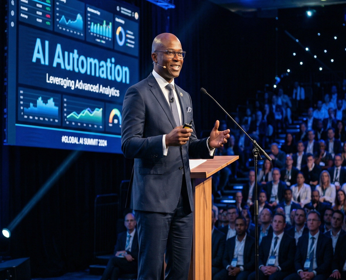 Diomede Sabushimike CEO of Top AI Africa delivering keynote presentation on AI automation at major technology conference in Africa