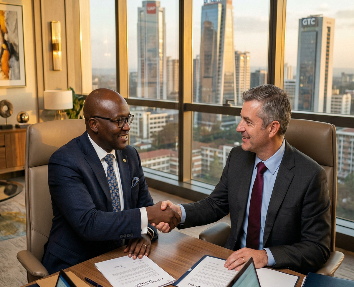 Diomede Sabushimike CEO of Top AI Africa signing strategic AI partnership deal with global executive in luxury office overlooking African city