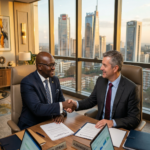 Diomede Sabushimike CEO of Top AI Africa signing strategic AI partnership deal with global executive in luxury office overlooking African city