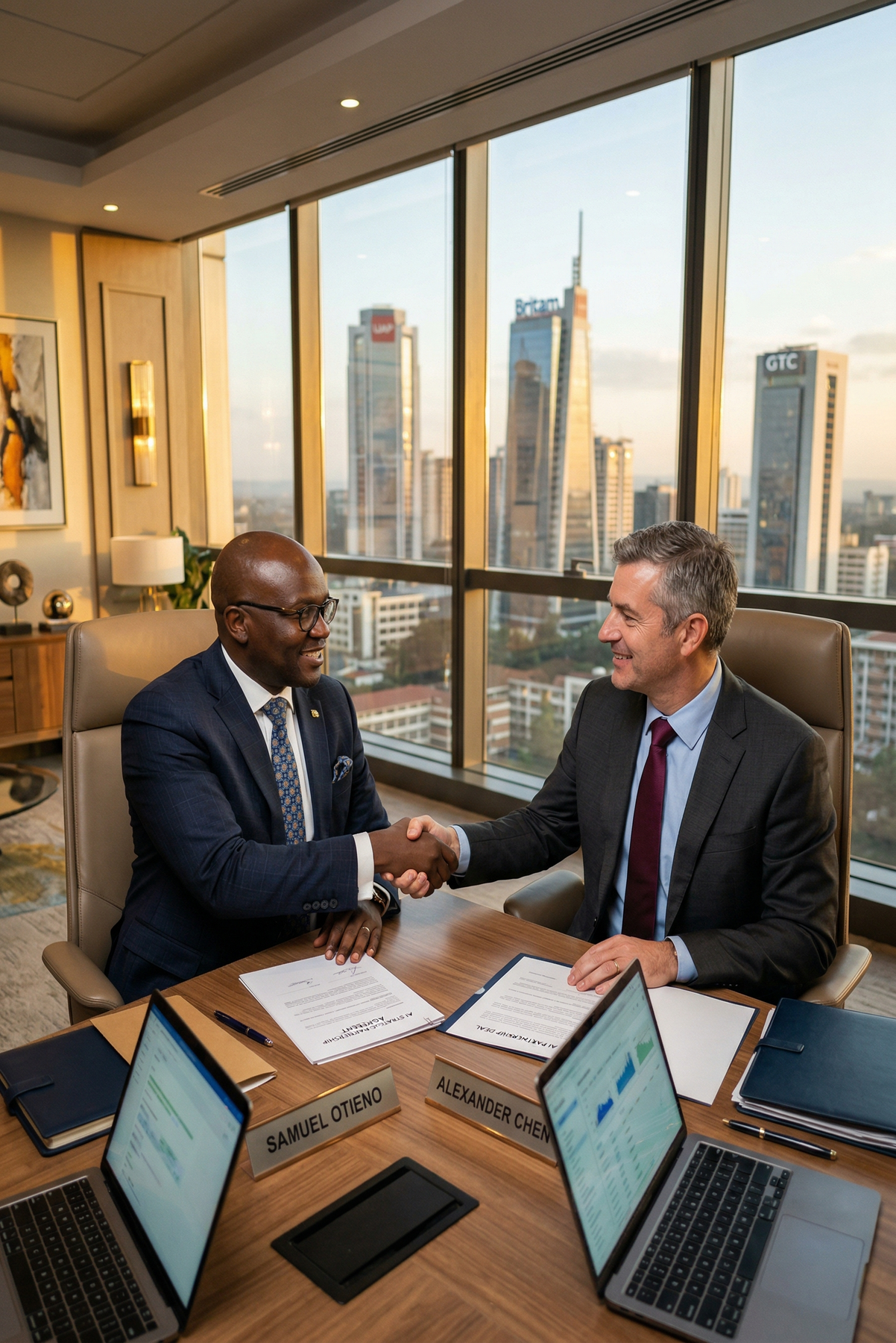 Diomede Sabushimike CEO of Top AI Africa signing strategic AI partnership deal with global executive in luxury office overlooking African city