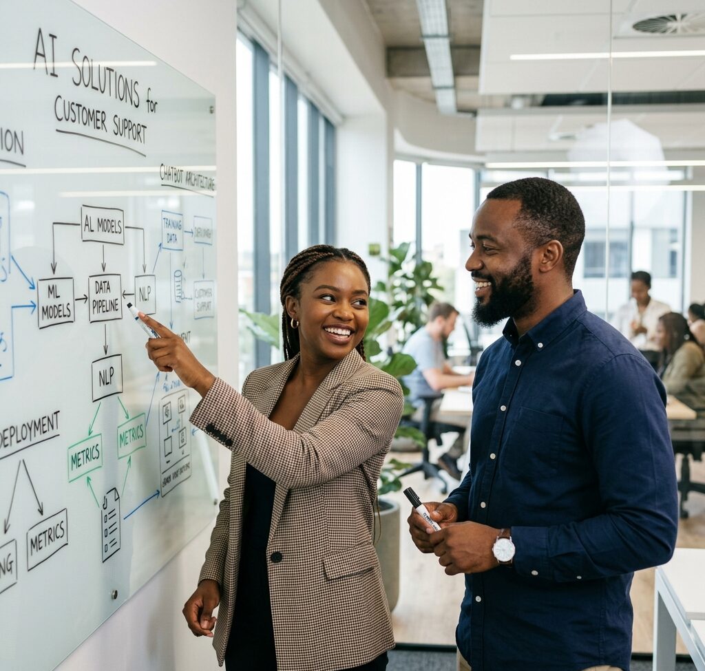 African colleagues collaborating on AI solutions at whiteboard - Top AI Africa expert team
