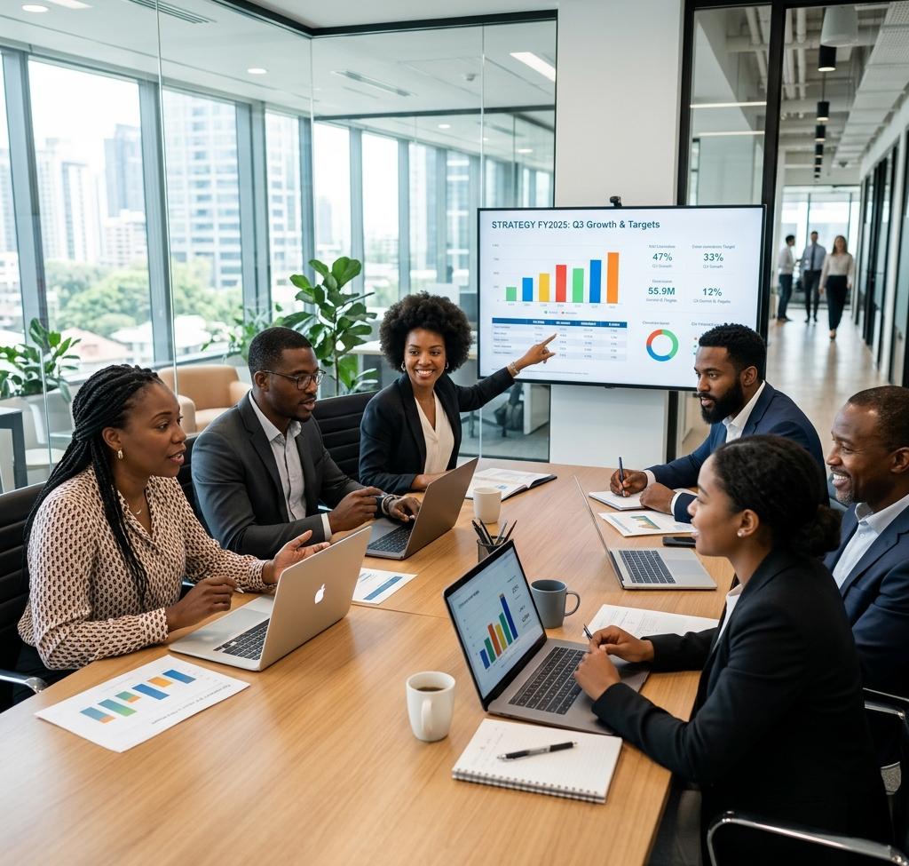 Diverse team of African professionals in strategy meeting with data presentations - Top AI Africa