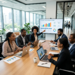 Diverse team of African professionals in strategy meeting with data presentations - Top AI Africa