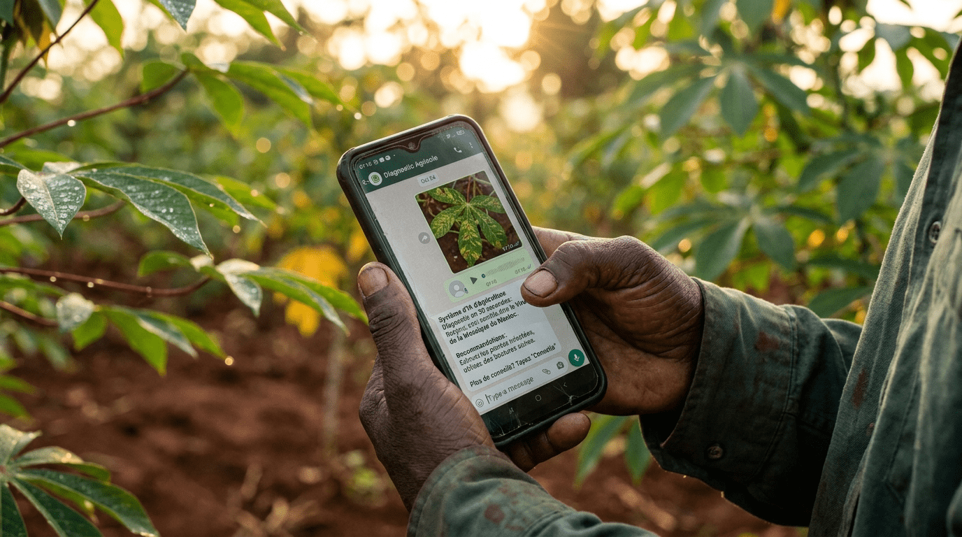 WhatsApp AI farmers crop diseases - Burundian farmer smartphone cassava diagnosis 30 seconds