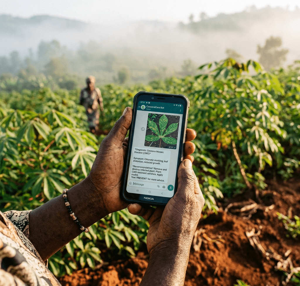 Crop disease detection AI WhatsApp bot showing cassava diagnosis on farmer smartphone in Burundi