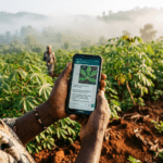 Crop disease detection AI WhatsApp bot showing cassava diagnosis on farmer smartphone in Burundi